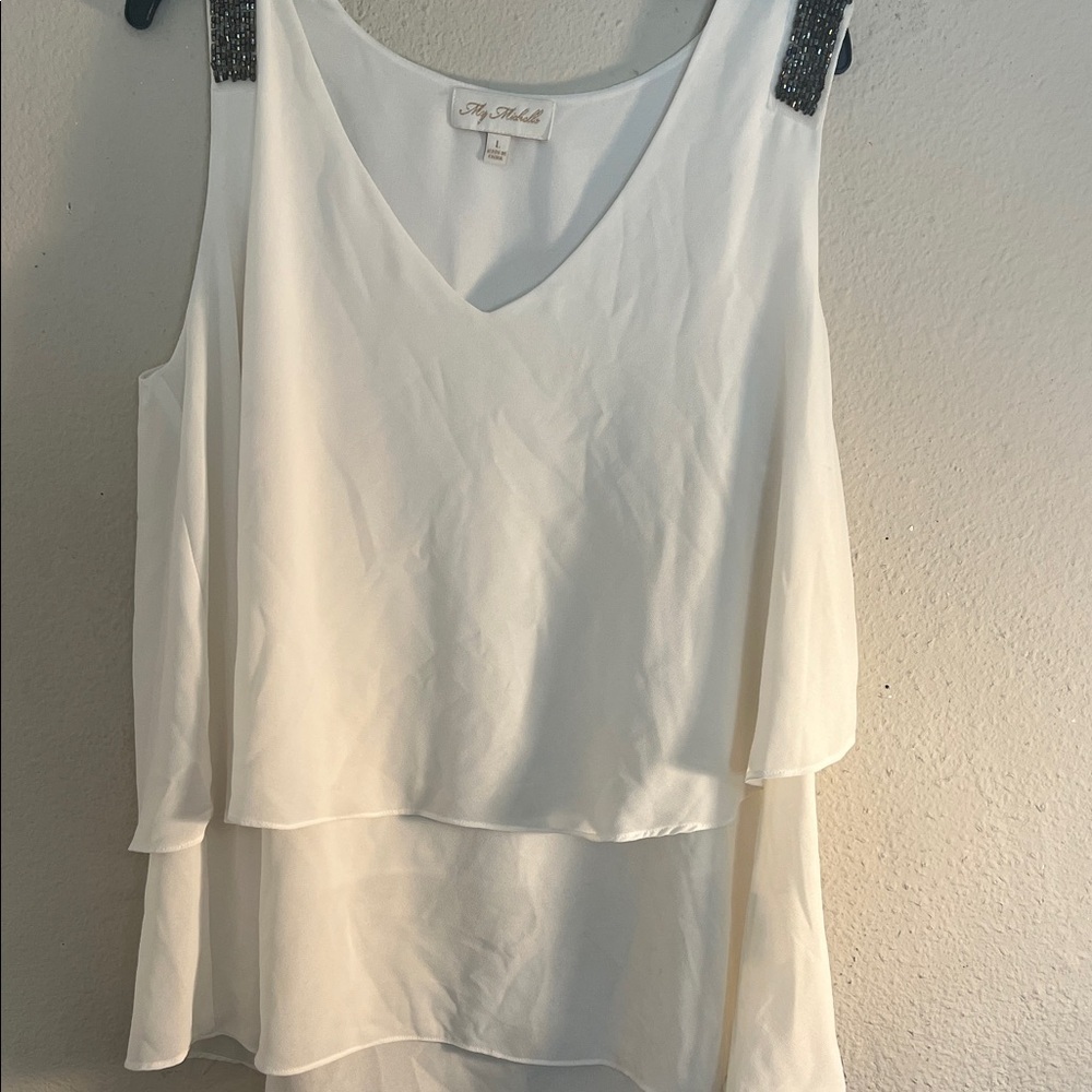 My Michelle Ivory Layered Blouse with Dark Embellishments